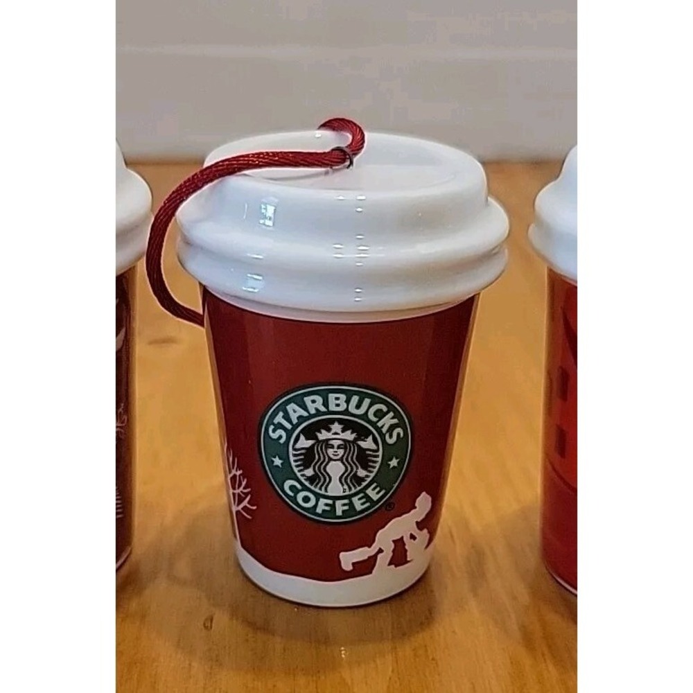 Starbucks Holiday Ceramic Mini Travel Mug Ornaments 2006 2008 2014 Set of 3 Red - Picture 3 of 8